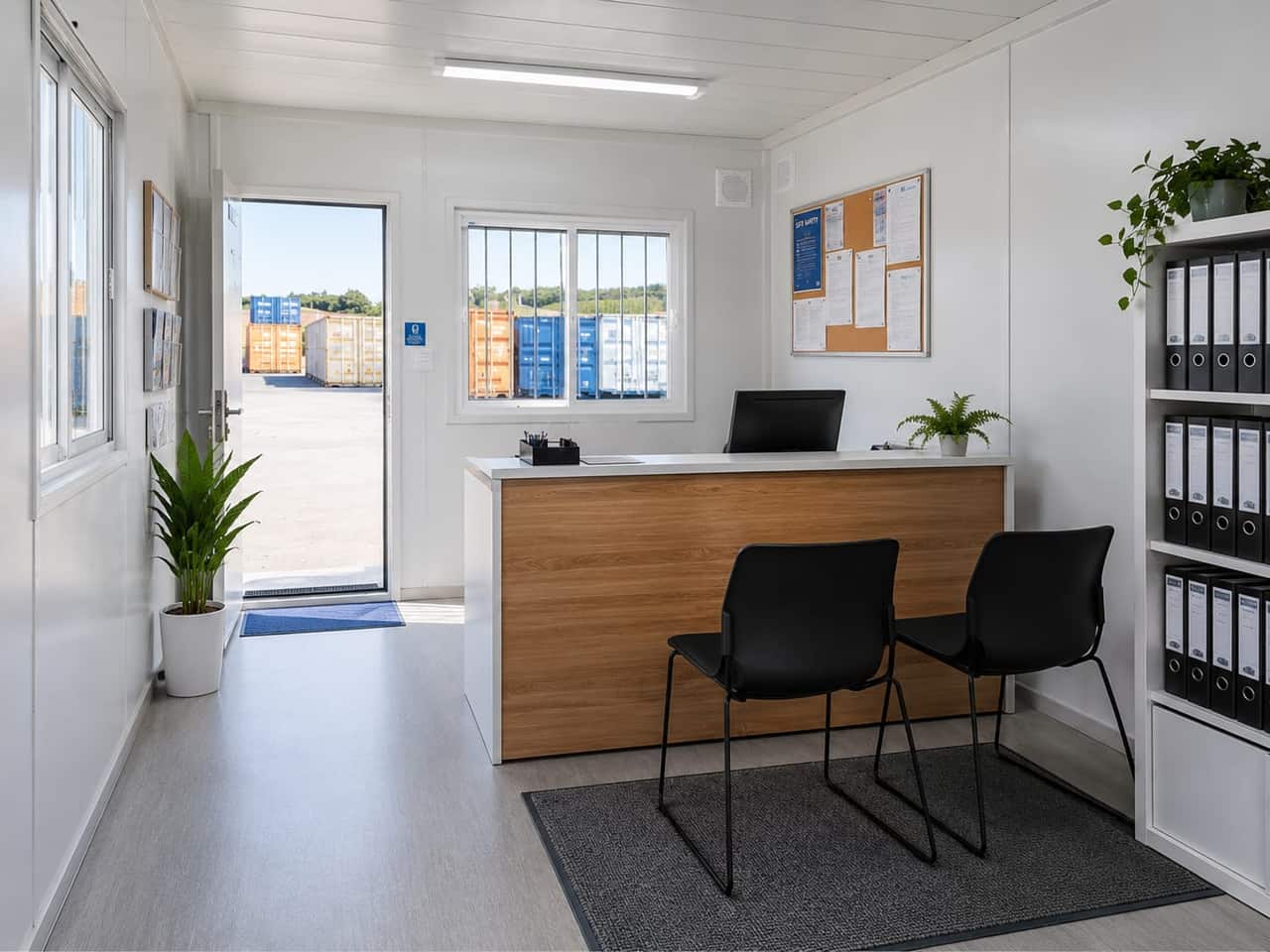 Irodakonténer belső kialakítása - recepciós pulttal, polcokkal, természetes fénnyel