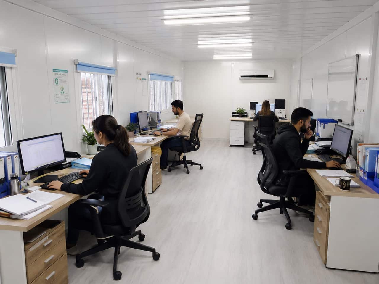 Open office kialakítás négy munkaállomással irodakonténerben