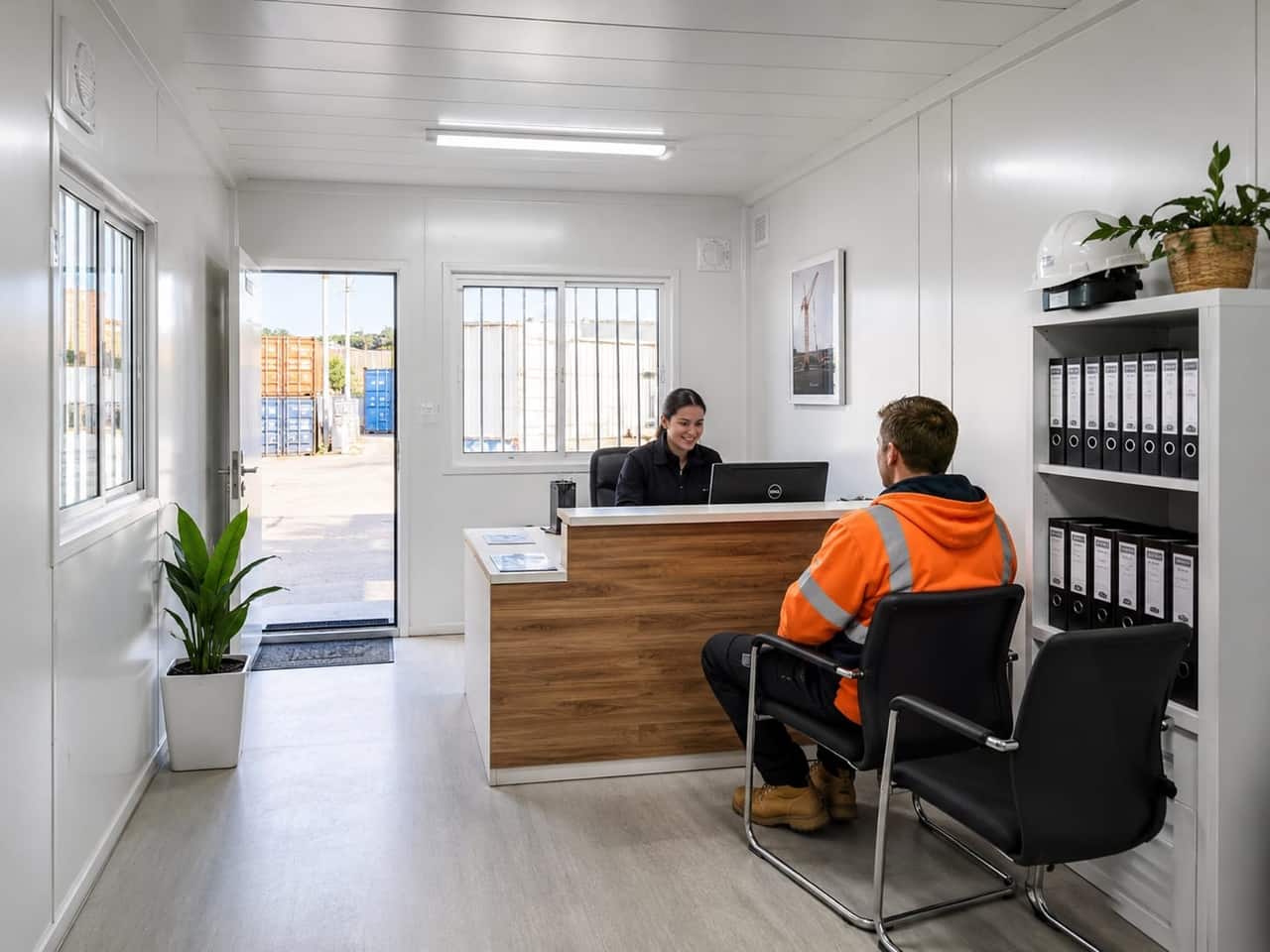 Irodakonténer recepciós pultnál ügyfél fogadása közben