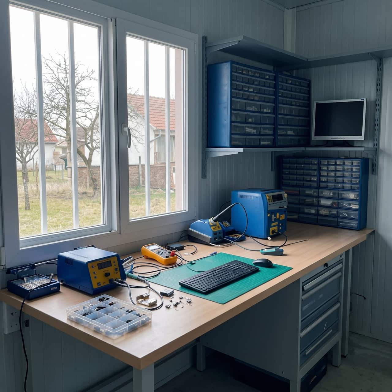 Elektronikai finomszerelő műhely konténerben: forrasztóállomás, multiméter, vágószőnyeg, fiókos alkatrésztárolók és ablak melletti munkapad